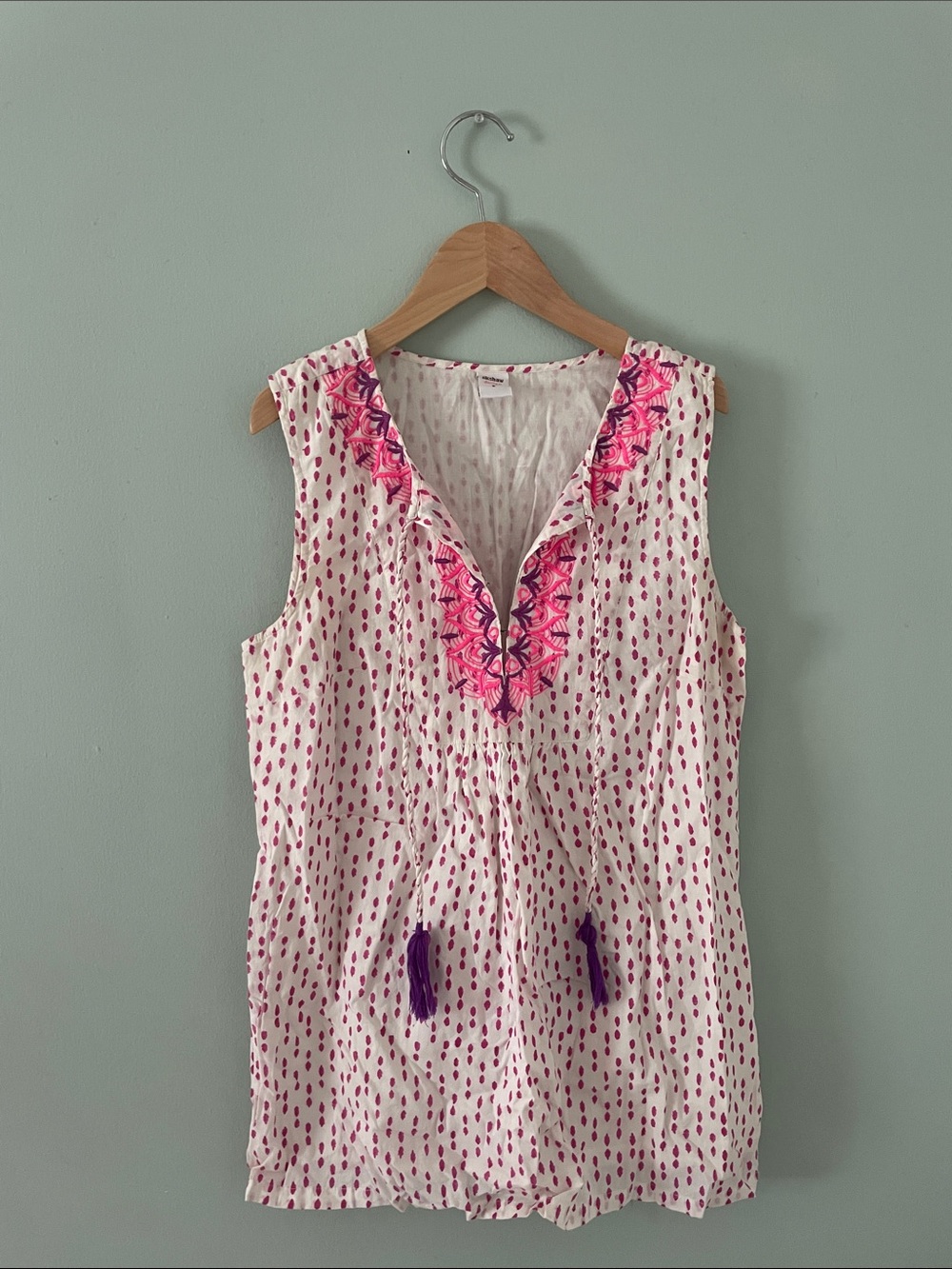 Sleeveless White Tunic with Pink & Purple Embroidery